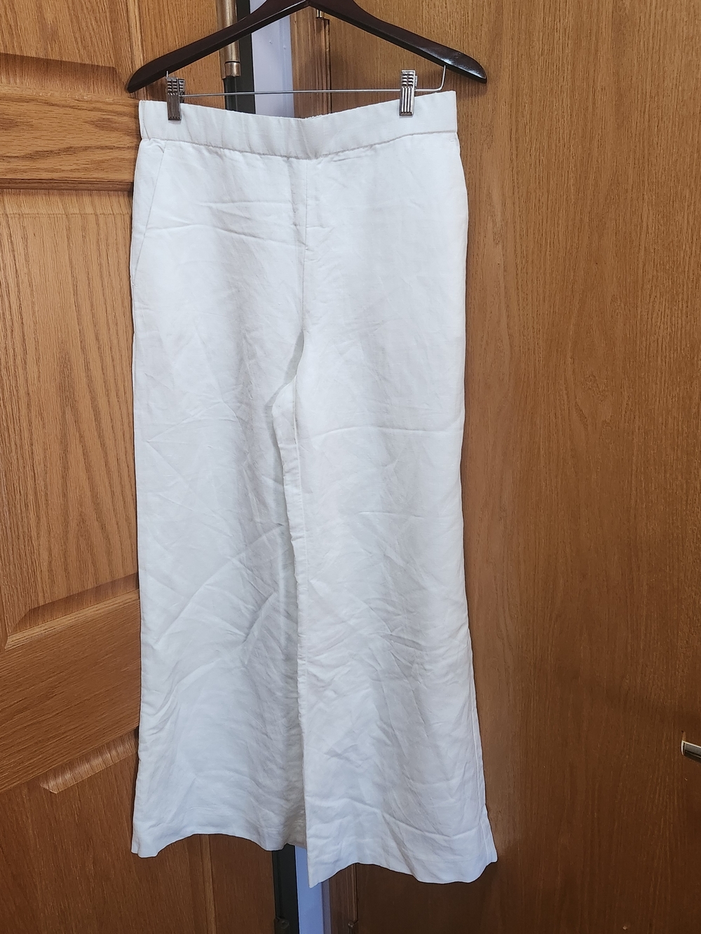 Ann Taylor White Elastic-Waist Wide Leg Pants Linen Blend Medium